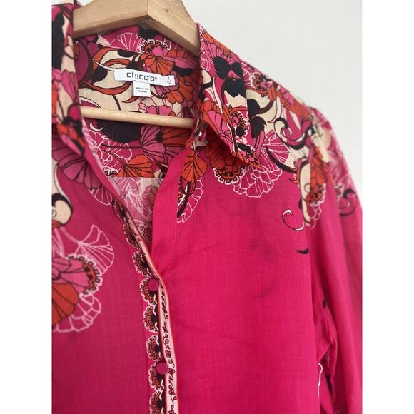 Chico's Pink Floral Blouse Sz M Long Sleeve Button Down Ruche Wrist Boho - Picture 6 of 13